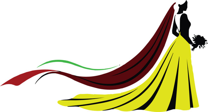  Stylized Bride in Yellow Gown with Flowing Red Veil