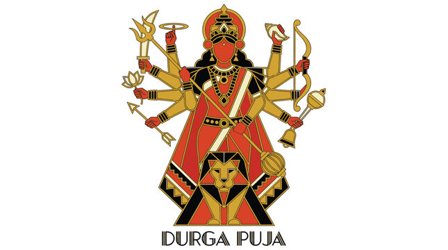 Goddess Durga in traditional Indian art style, multi-armed deity with weapons, abstract geometric patterns, vibrant red, gold, and black colors, cultural celebration, spiritual motif