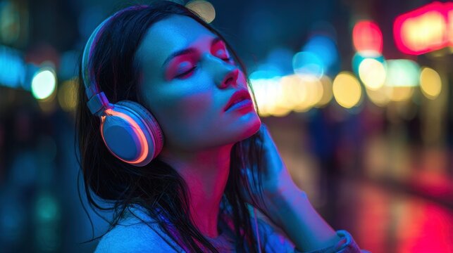 Night city glow with a listener in glowing headphones, lost in sound
