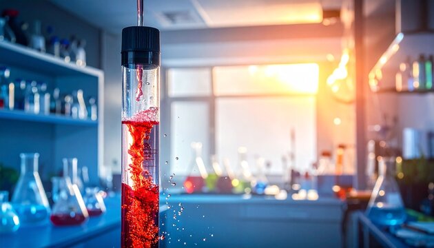 "Red liquid diffusing in clear water with colorful lab background"
