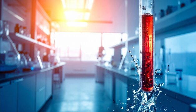 "Red liquid diffusing in clear water with colorful lab background"