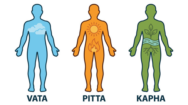 Ayurveda dosha body types: Vata, Pitta, and Kapha illustrated with symbolic elements, representing elements like water, fire, and earth, for holistic health concepts