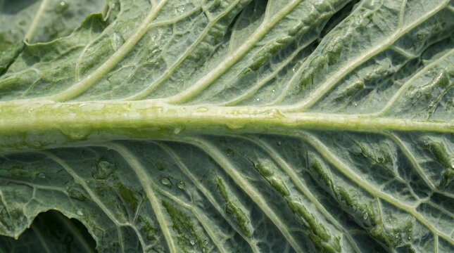 Hyper realistic close-up of kale stalk veins and wrinkled texture, fresh green organic realism