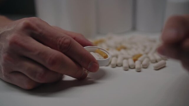 Closeup of hands counting and sorting pile of white and yellow pills and capsules into bottle cap on white background. Concept of healthcare, wellness, addiction, and medical therapy for pain relief.