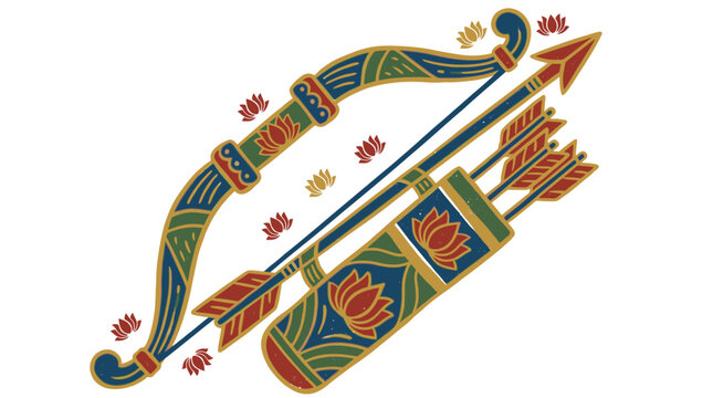 Ornate bow and arrow with quiver featuring lotus motifs, Indian folk art style, symbolic of hunting and tradition