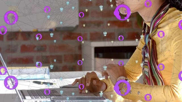 Woman typing on laptop for tech work pausing and leaning purple circles overlaying hands and screen