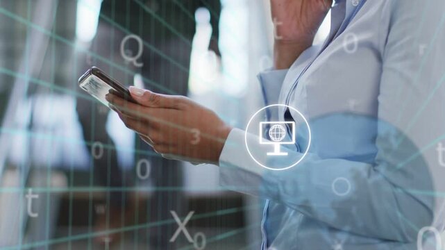 Office worker tapping phone, causing business UI grid and icons orbiting phone while checking mail