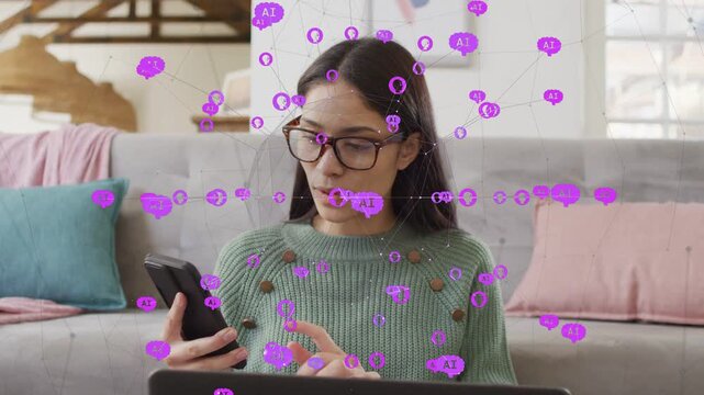 Woman at home, glancing tapping smartphone, purple AI nodes highlighting laptop for tech tasks