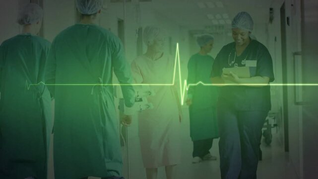 Medical team escorting patient for corridor transfer, ECG spike scanning and syncing with patient