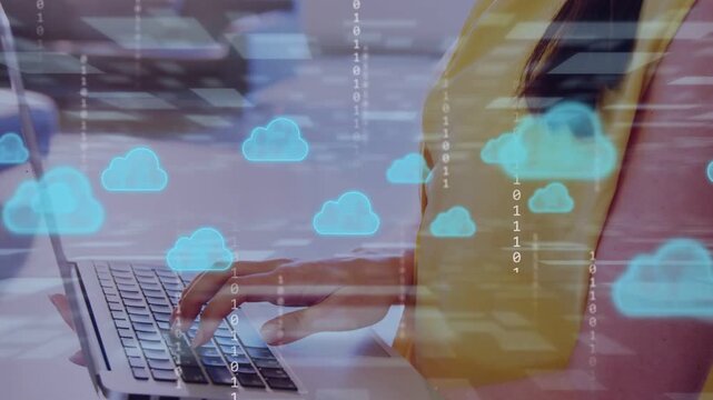 Tech woman typing laptop, generating cloud icons and binary streams for sync as camera pulling back