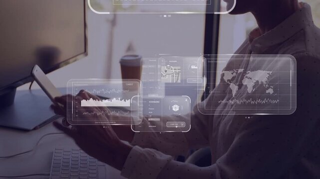 Analyst tapping tablet at desk near window, spawning layered tech charts above device for decisions