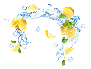 Naklejka premium Fresh lemons, mint leaves, ice cubes and splashing water on white background