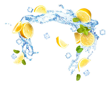 Fresh lemons, mint leaves, ice cubes and splashing water on white background