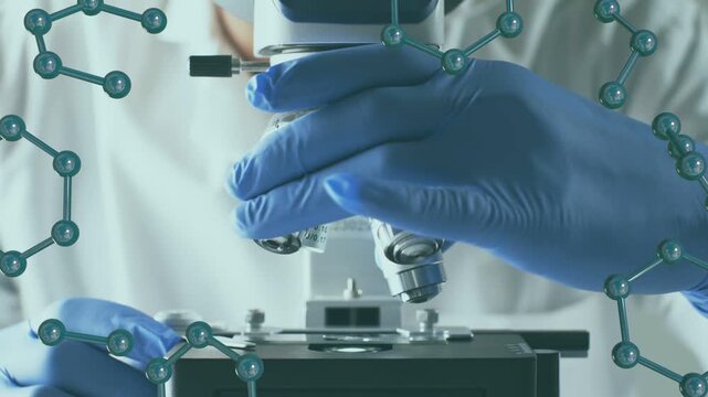 Lab tech placing slide rotating turret focusing scope for analysis while molecule overlay appearing