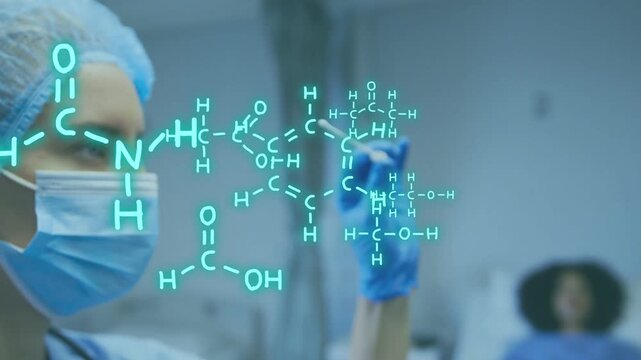 Clinician inspecting vial and pulling swab in clinic teal molecules overlaying hand prepping test