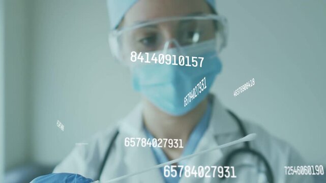 Female medic holding swab above cassette, sending numeric overlays toward face for sample ID