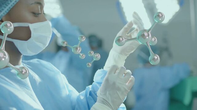 Surgeon reaching for glove, donning and adjusting cuff for prep, molecular models rising near hands