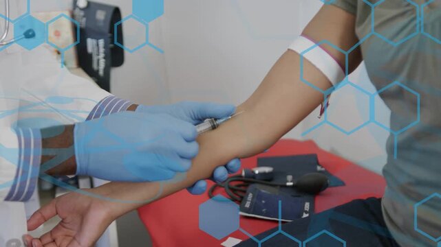 Clinician palpating vein and inserting syringe for blood draw, with tourniquet and blue hex overlay