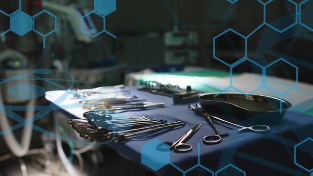 Blue hex overlay entering, camera tilting, scaling overlay, showing sterile tools for medical view