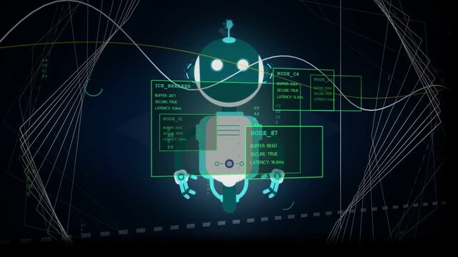 HUD panels appearing and waveforms sweeping around central teal robot, updating node diagnostics