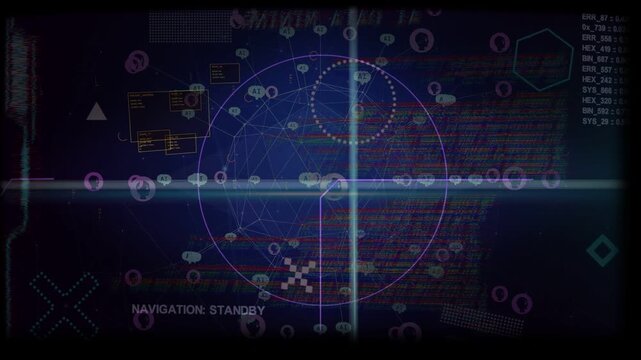 HUD on boot, ring scanning as magenta route and nodes drifting across crosshair, showing standby