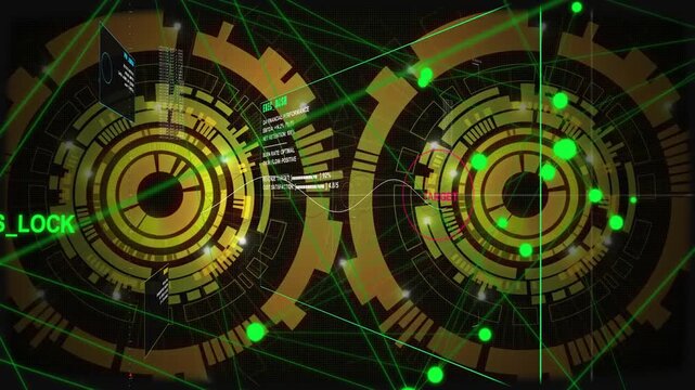 GPS_LOCK appearing, HUD twin-gauge forming green node mesh and data panels for magenta target lock