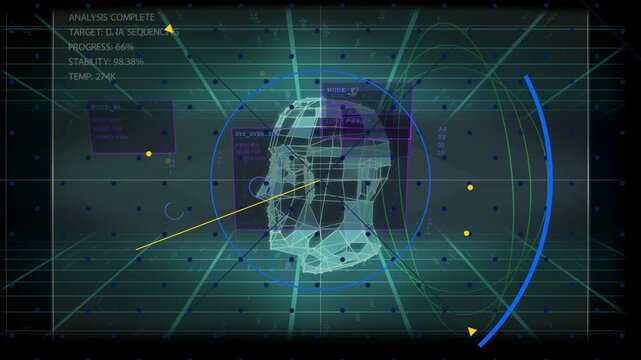 System pulse initiating scan, wireframe head rotating while HUD updating DNA sequencing progress