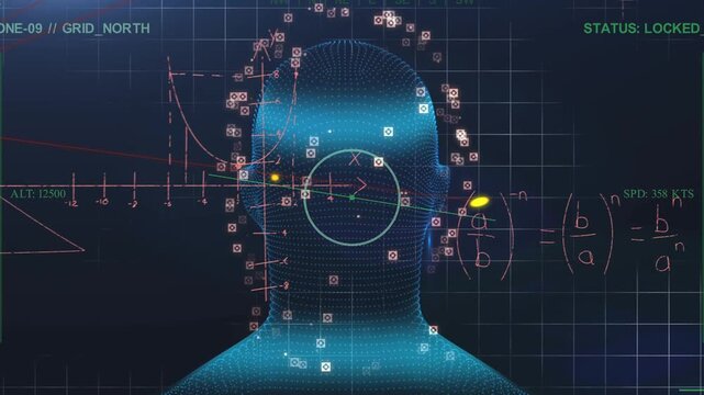 LOCKED_ON appearing, HUD scanning blue wireframe head rotating while flagging features for analysis