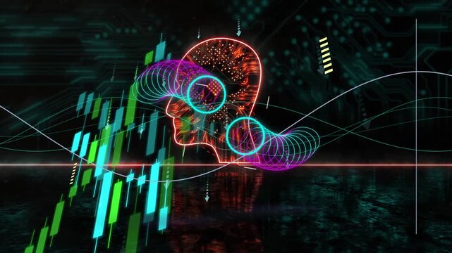 Neon head melding with candles rising from base, rings sweeping, circuitry pulsing, showing AI data