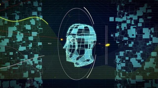 Left column pulse starting, cyan wireframe head rotating and refining mesh for analysis