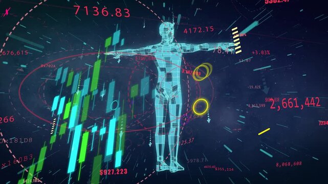 Faint red cues starting cyan mesh avatar, bars rising, rings pulsing, camera panning, showing scan