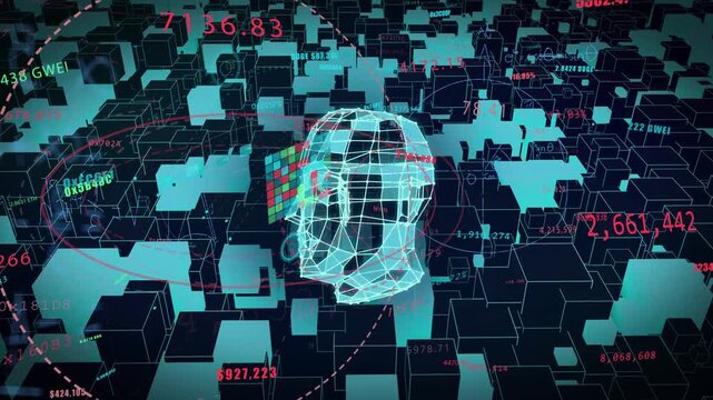 Tile panel emerging, wireframe human head rotating, camera orbiting, data flowing, visualizing data