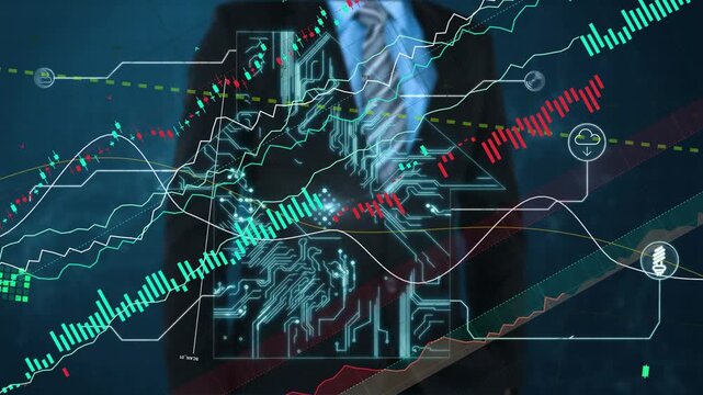 Presenter pointing finger at clear finance graph and generating circuit brain for market analysis