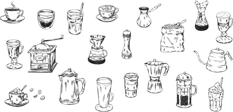 Hand drawn vector coffee set with espresso, cappuccino, latte, americano and brewing tools. Vintage sketch illustrations for cafe menus, coffee shops, packaging, banners and branding design
