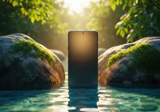Smartphone standing in water between mossy rocks in nature