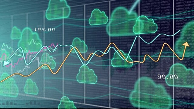 Arrow entering left neon clouds growing, colored lines weaving, numbers updating showing trend