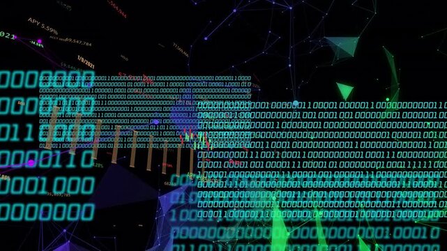 On start purple mesh appearing, cyan binary blocks sliding and layering, visualizing live analytics