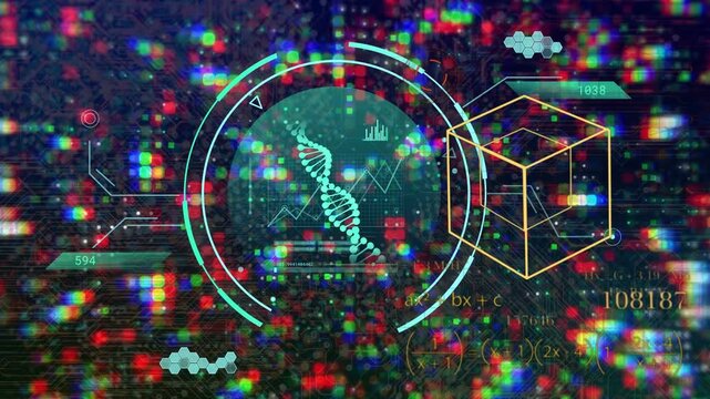 RGB flicker sparking holo circle glowing helix forming, charts updating, cube emerging for bio data