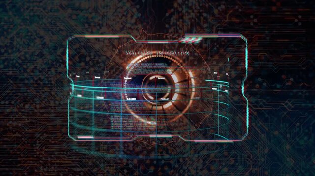 Boot pulse starting central iris rotating grids sweeping bars pulsing code scrolling to show status