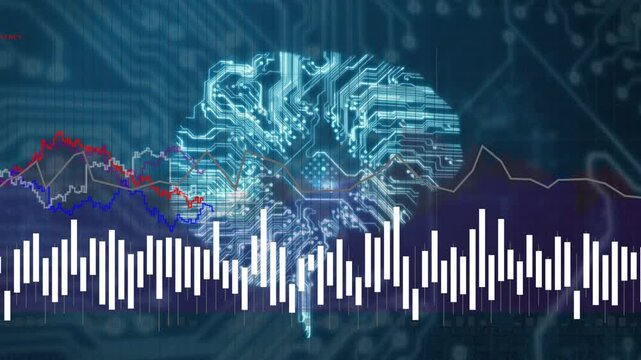 Audio starting, white waveform pulsing, circuit brain emerging, colored lines tracing data trends