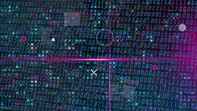 Magenta line brightening, forming crosshair and scanning, binary matrix pulsing, highlighting data