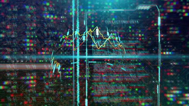HUD loading, multiline chart rotating and revealing peaks while code scrolling, visualizing data
