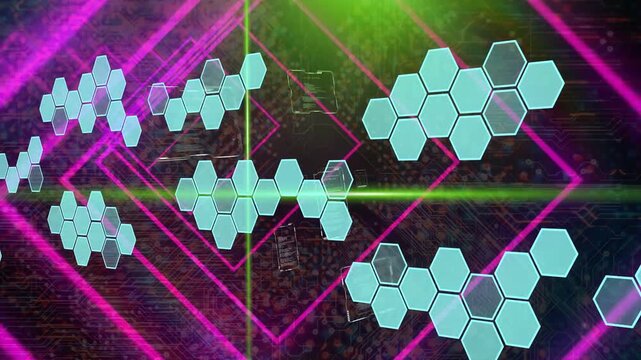 Green laser dropping cyan hexes shifting right or up toggling pulsing centering cross showing flow
