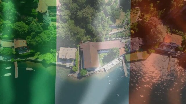 Lakeside complex showing pier, boat as camera descending, rotating, bands drifting to show details