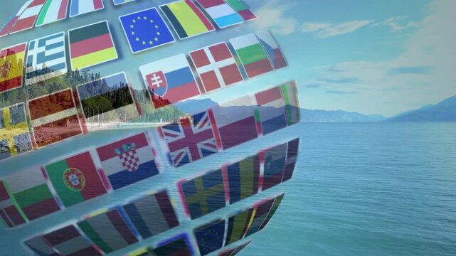 Frame start causing glossy flag sphere rotating, revealing thumbnails and showcasing flags over sea