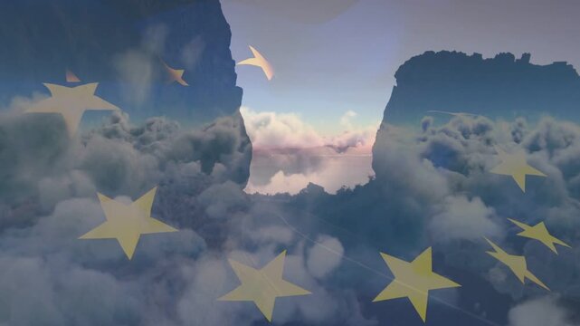 At start ring of gold stars starting drifting, rotating across cloud gorge, revealing pink horizon