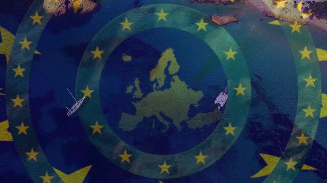 Playback starting, EU map staying while two boats circling clockwise revealing coast for routing