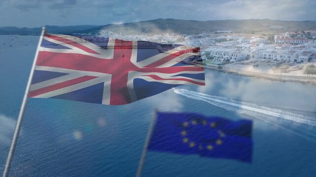 Wind gusts sparking Union Jack billowing, EU flag rippling, creating soft overlay over bay wakes
