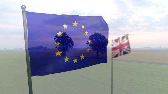 Steady breeze causing EU flag waving, revealing tree shadows through thin fabric beside UK flag