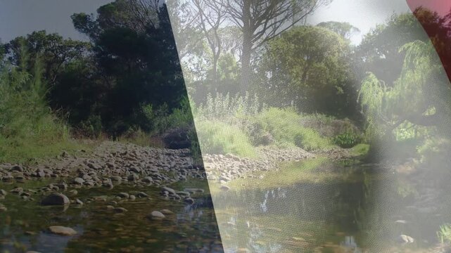Riverbank scene showing sunlight glinting, tricolor band appearing from top drifting to tint water